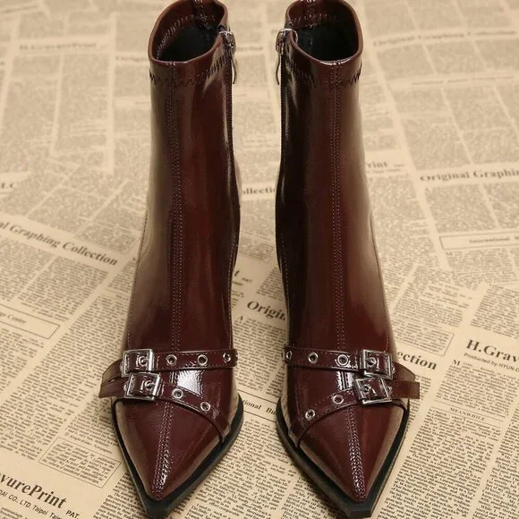 Burgundy Casual Women's Pointed Toe Short Heeled Boots